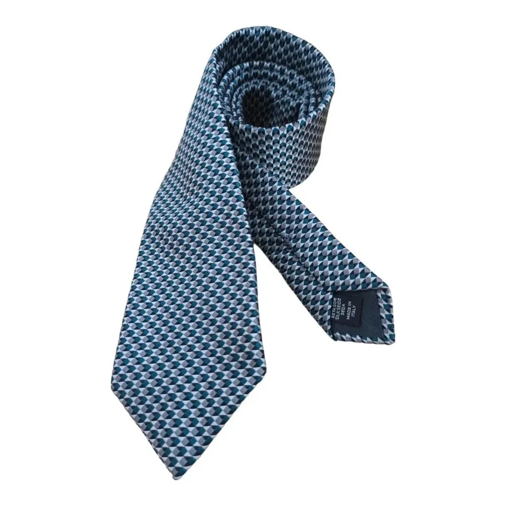 ERMENGILDO ZEGNA Silver Geometric Silk Tie ITALY 59
